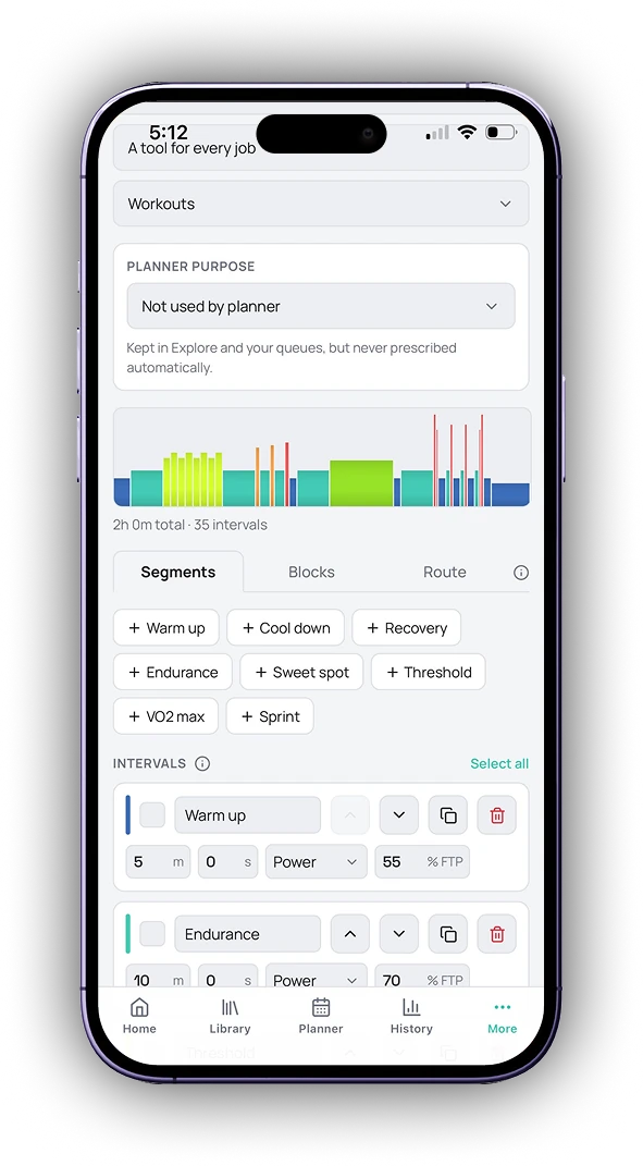 Trbo workout builder showing the ride profile, segment presets and editable interval duration and intensity