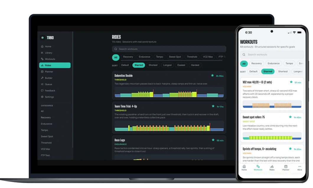 Trbo Rides library in the light and dark themes, with named rides and their interval profiles