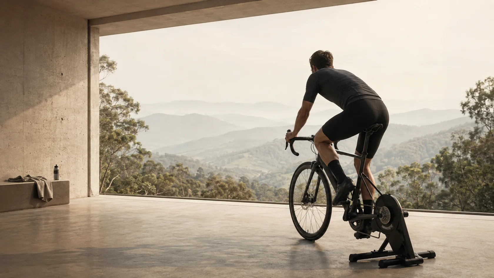 An illustrated indoor cycling scene: a rider on a direct-drive trainer overlooking misty hills